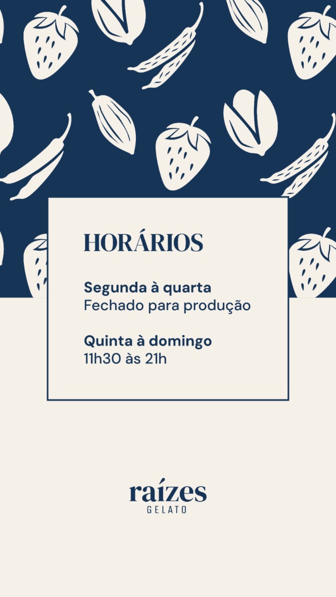 Post da Raízes Gelato com horários de atendimento